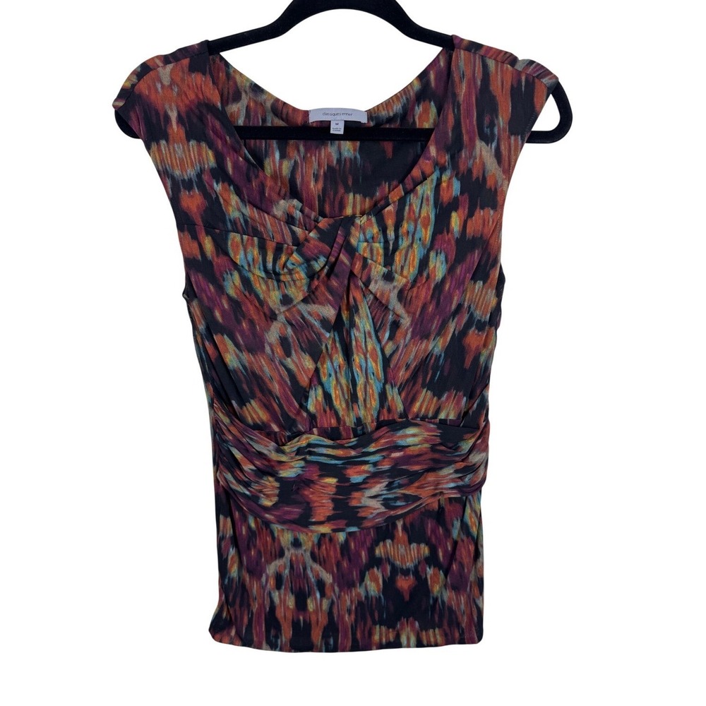 Classiques Entier Silk Blend Abstract Ikat Twist V-Neck Sleeveless Blouse M